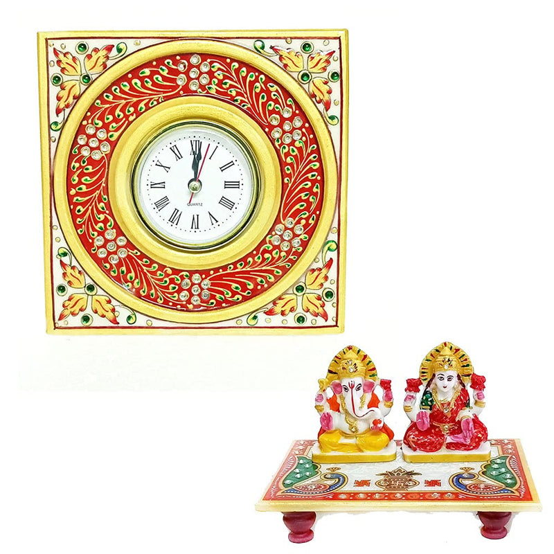 Handicraft Kingdom Clock For Kitchen Decoration Mini Cute Home Bathroom, Office Tabletop Display, Living Room, Bedroom & Bedside Gift With Laxmi Ganesh Chowki| Approx Size 6x6 Inch & Wt 600Gm PackOf 4