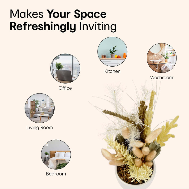 Anko Artificial Bleached Greenery Bunch with White Stoneware Vase | Decorative Items for Home, Office, Bedroom, Balcony, Living Room, Table Top | Natural Look Artificial Plant for Home Décor