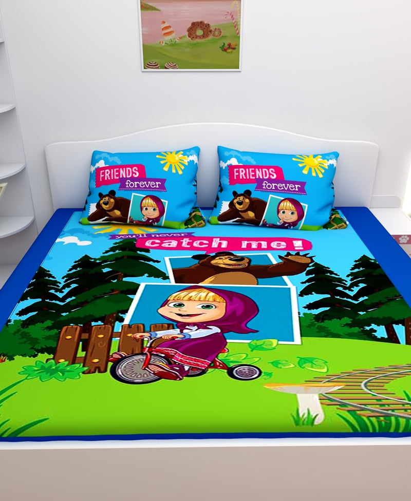 Athom Living Masha and The Bear Digital Printed Cotton Kids Double Bedsheet 270x270 cm with Set of 2 Pillow Cover