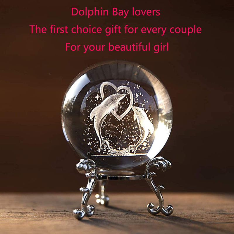 3D Dolphin Crystal Ball Paperweight Figurines- Dolphin Gifts Crystal Ball with Stand, Valentine's Day,Birthday Gift