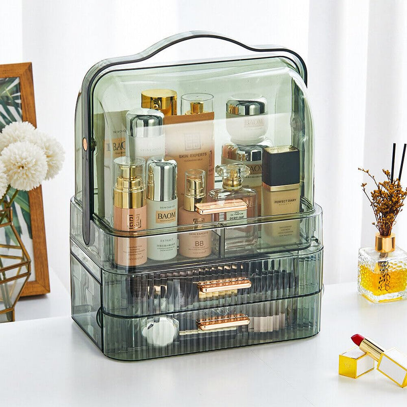 ULTREOS Acrylic Cosmetics Storage Box Transparent Lid Large Makeup Organizer Box Drawers Portable Handle Waterproof Dustproof Skincare Display Cases For Countertop, Bathroom, Dresser,Gift