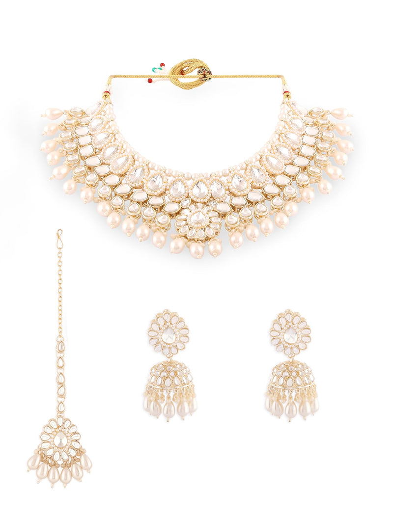 ZAVERI PEARLS Gold Tone Kundan Artificial Stones & Beads Bridal Necklace Earring & Maangtikka Set For Women-ZPFK17106