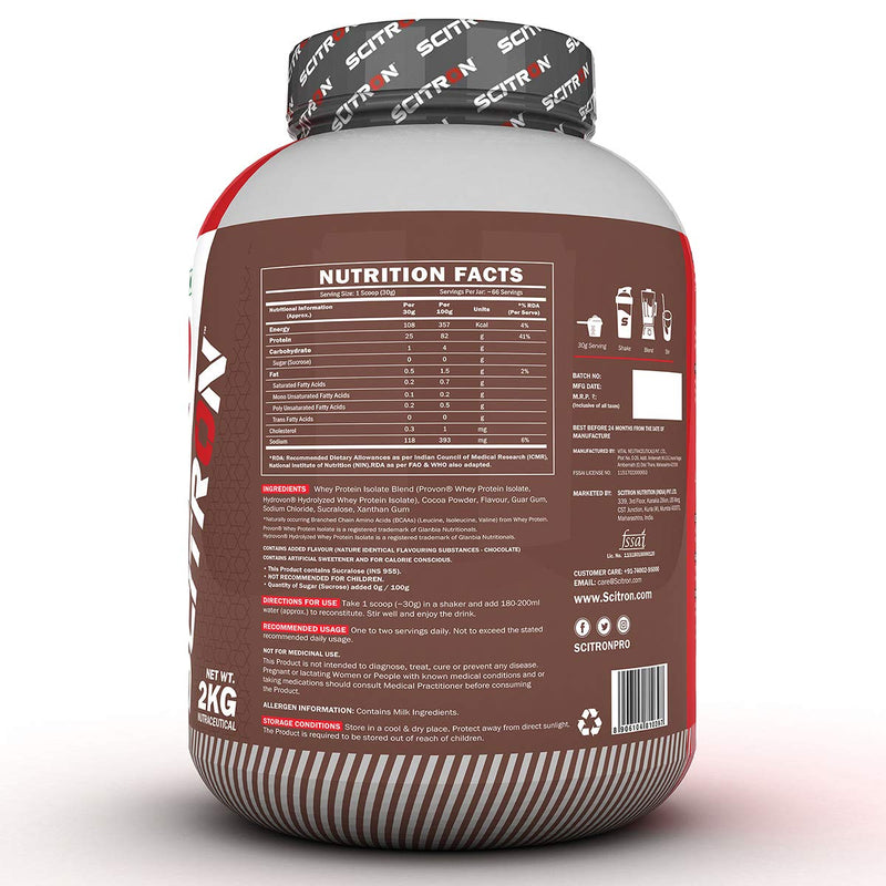 Scitron HYDRO ISO Whey (66 Servings, 25g Protein, 5g BCAAs, 0g Sugar) - 4.4lbs (2kg) (Belgian Chocolate)