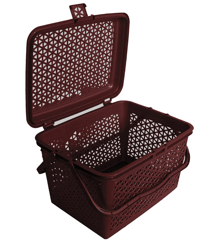 Kuber Industries Trendy Shopping/Storage Basket with Handles|Solid Plastic Big Bin|Handles Plus Lid|Size 30 x 41 x 28 (Brown)-KUBMART11096