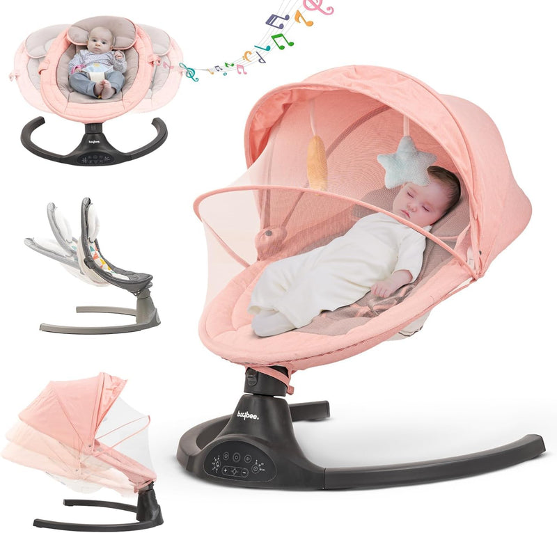 Baybee Premium Automatic Electric Baby Swing Cradle with Adjustable Swing Speed, Soothing Music | Baby Rocker with Mosquito Net, Safety Belt & Removable Baby Toys Swing for Baby (Pink)