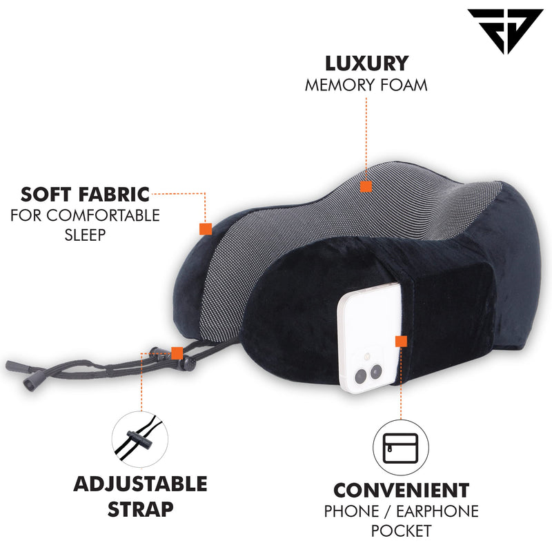 FUR JADEN Memory Foam Luxury Travel Neck Support Rest Pillow Eye Mask, Noise Isolating Ear Plugs Portable Combo (Black)