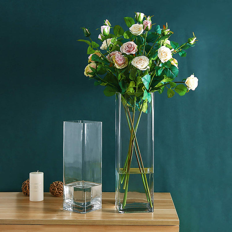 DECENT GLASS Glass Tall Square Vase (10 Inch, Clear)