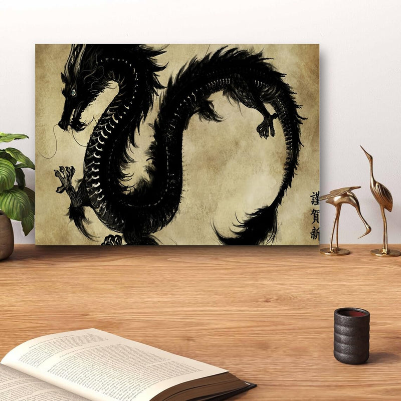 GADGETS WRAP Canvas Gallery Wrap Framed for Home Office Studio Living Room Decoration (14x11inch) - Chinese Black Dragon