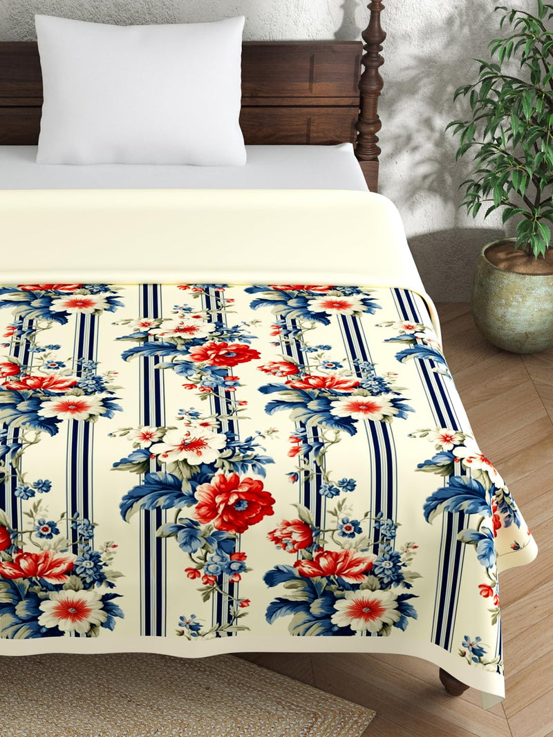 EVER HOME Digital Print Pure Cotton Dohar Single Bed for Summer 120 GSM, Mild Winter AC Blanket, Blue & Red Stripe Floral 59 x 88 inches