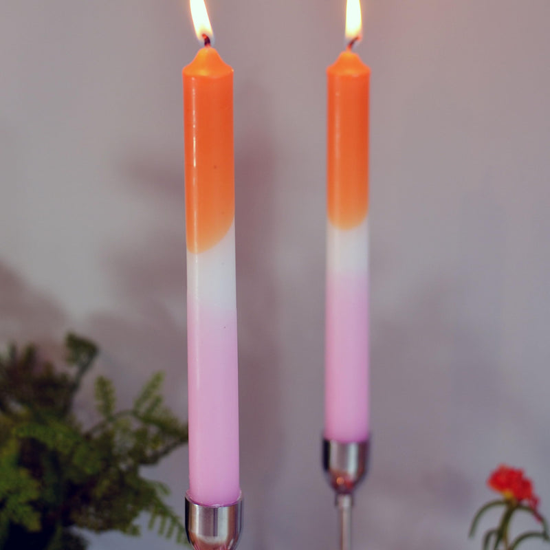 8 Piece Orange, Pale Pink, White, Gradient Taper Candles, 2 Boxed Sets of 4, Hand Dipped, Dripless, 7 Hours Burn Time, Paraffin Wax, 7.75 Inches