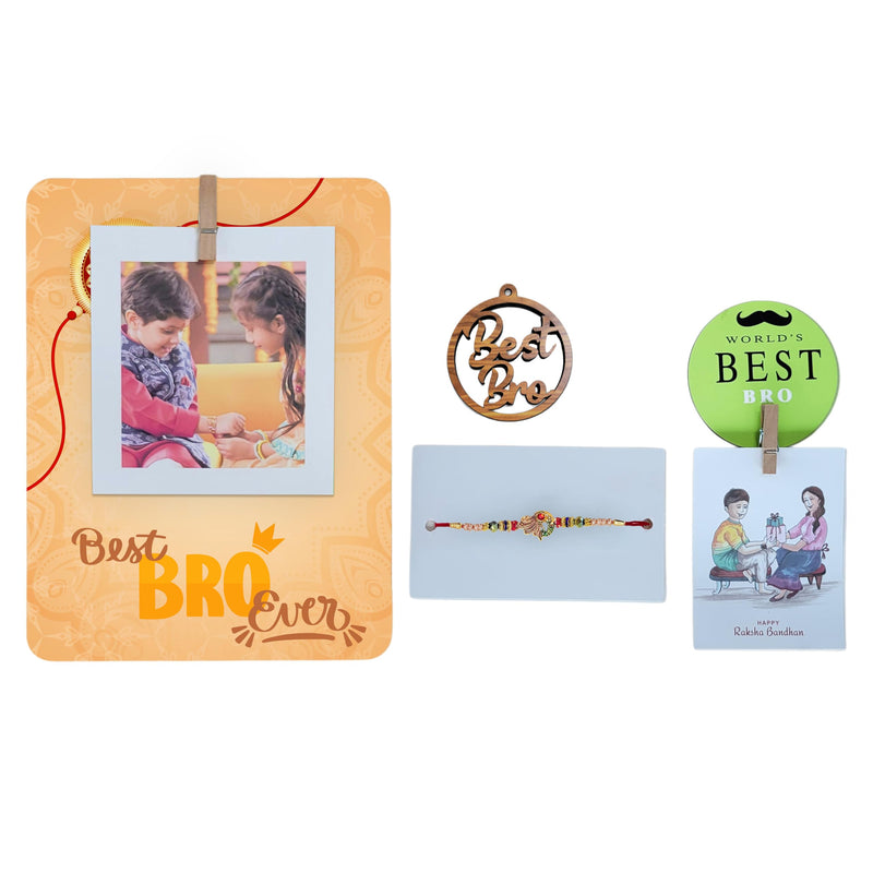 Art Street Rakhi Gift Hamper Combo Set-One 6x8 Inch Photo Clip Frame With Peacock Rakhi for Brother, Best Bro Keychain, Happy Raksha Bandhan, One Photo Clip Best Brother Fridge Magnet