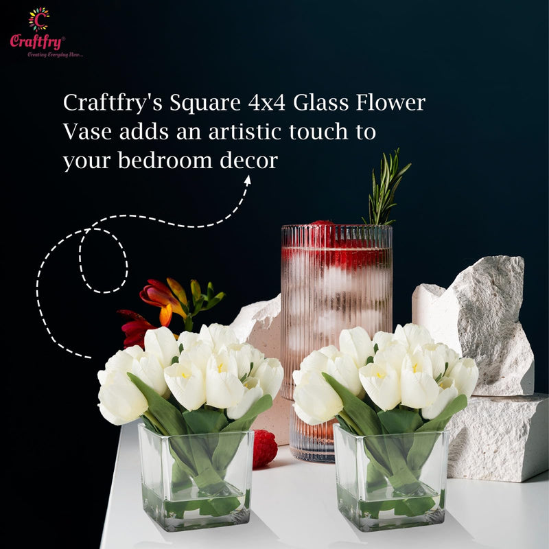 Craftfry Center Designer Glass Square Cube Glass Vase for Home Table Decor Clear Glass Vase (4x4) - Pack of 2