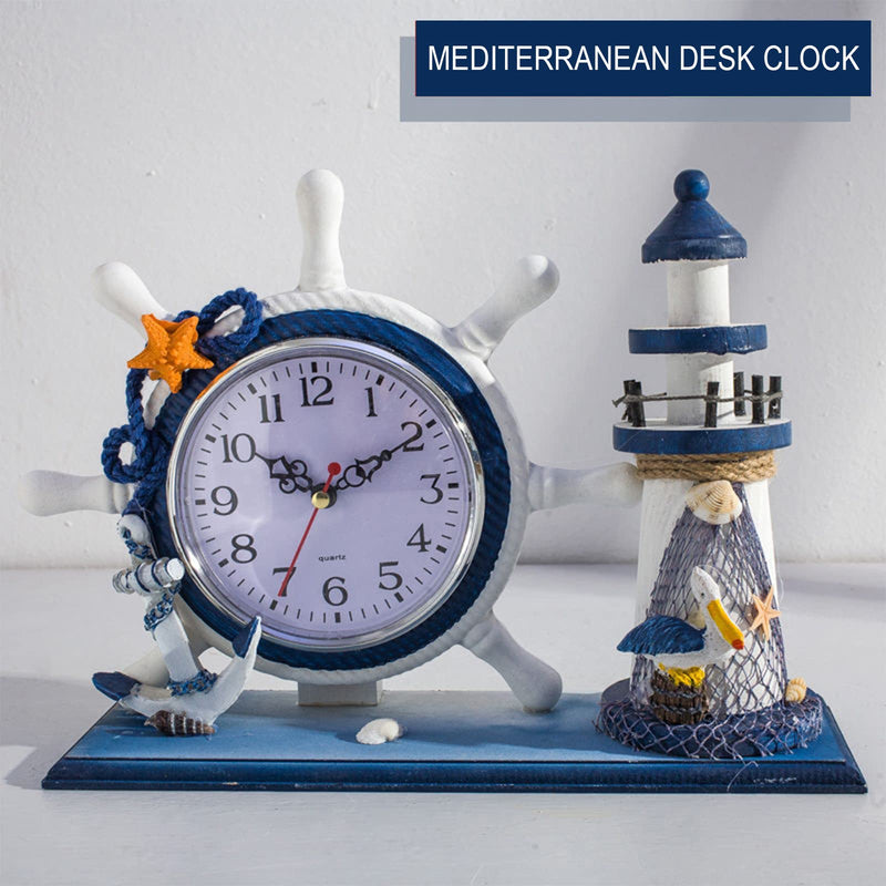 NOBLJX Lighthouse Mantle Clocks Ocean Nautical Clock Decor for Living Room Desktop Solid Wood Mediterranean Style for Kids Bedroom Bedside Home Decoration