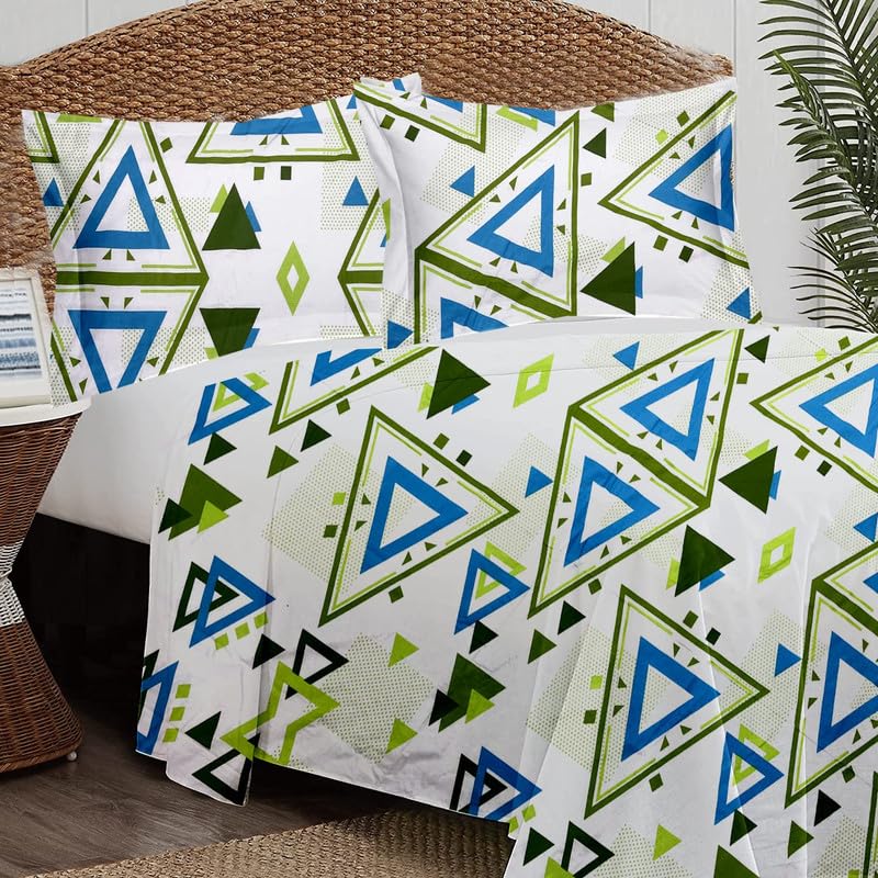 Bhoomi Impex Cotton Flat Bed Sheets with Pillow Cover Cotton Bedsheet - Double_Geometric Print (Lime & Teal)