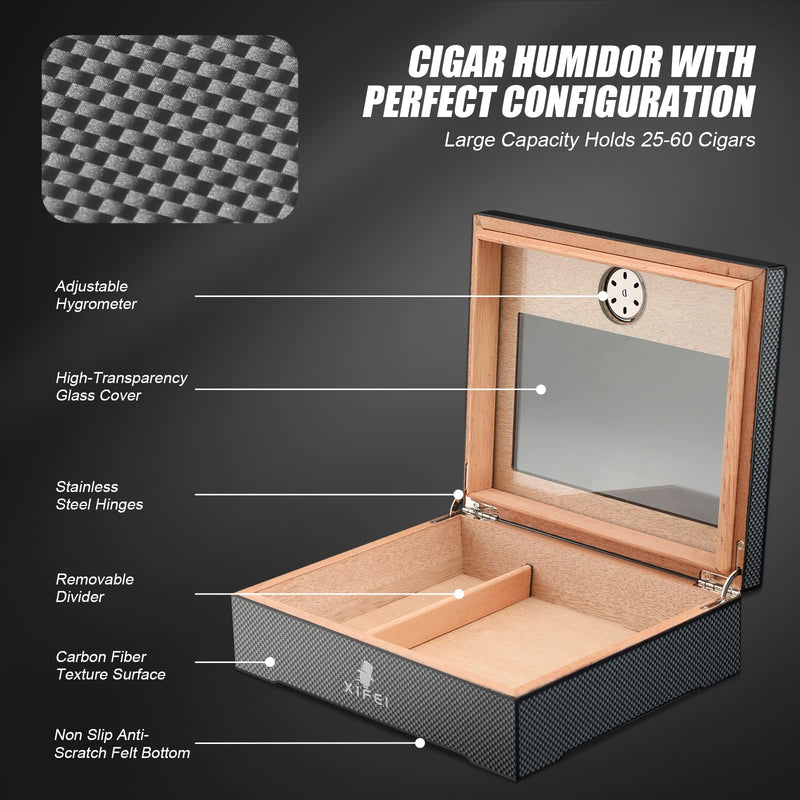 XIFEI Cigar Humidor, Glass Top carbon fiber texture top inlay Hygrometer,including Cigar humidifier, acrylic Cigar stand,Cigar ashtray and Humidor Solution, Holds 25-60 Cigars (9IN*7.5*2.8)