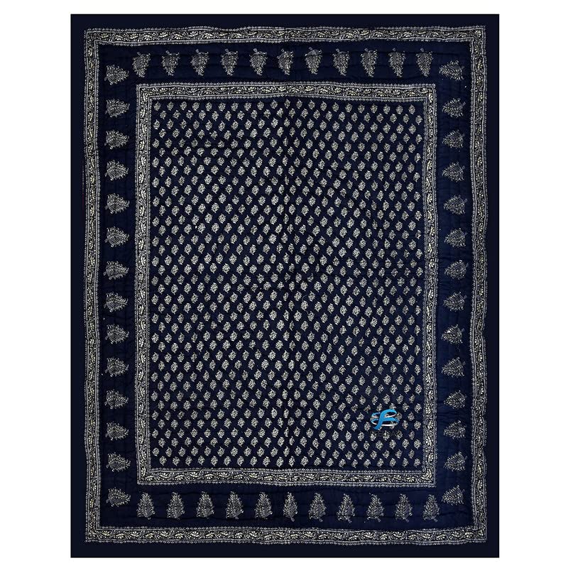 BRULD Jaipuri Razai Rajasthani Traditional Golden Printed Hand Stitched Blanket King Size Winter and Summer Soft Light Weight Ac Quilt Rajai Original Pure Cotton Comforter (Blue, Double Bed)