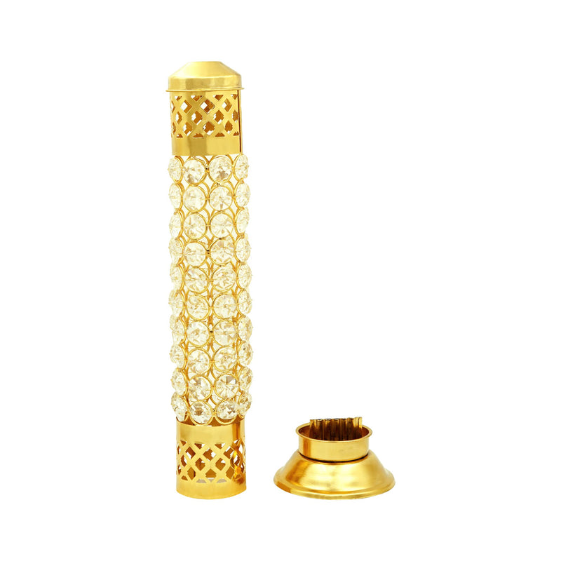 Shubhkart Nitya Brass Crystal Incense Holder with Ash Catcher | Agarbatti Holder | Brass Incense Burner for Home Office Diwali Puja Gifts Decor (11.6 Inch Height) - 235 GMS