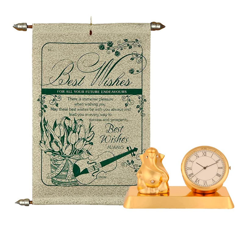 Natali Farewell Combo - Best Wishes Scroll Card and Table Clock with Rocker Base (Yellow)