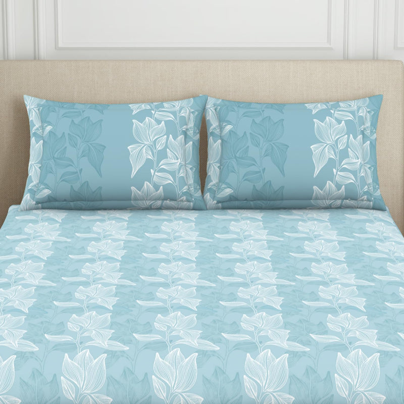 Spaces 100% Cotton Double Fitted Bedsheet with 2 Pillow Covers (Size 72 X 78 Inches) | 144 TC Fitted Sheet for Double Bed | Breathable Pure Cotton King Size Bedsheet | SS24 | Floral Design Light Blue