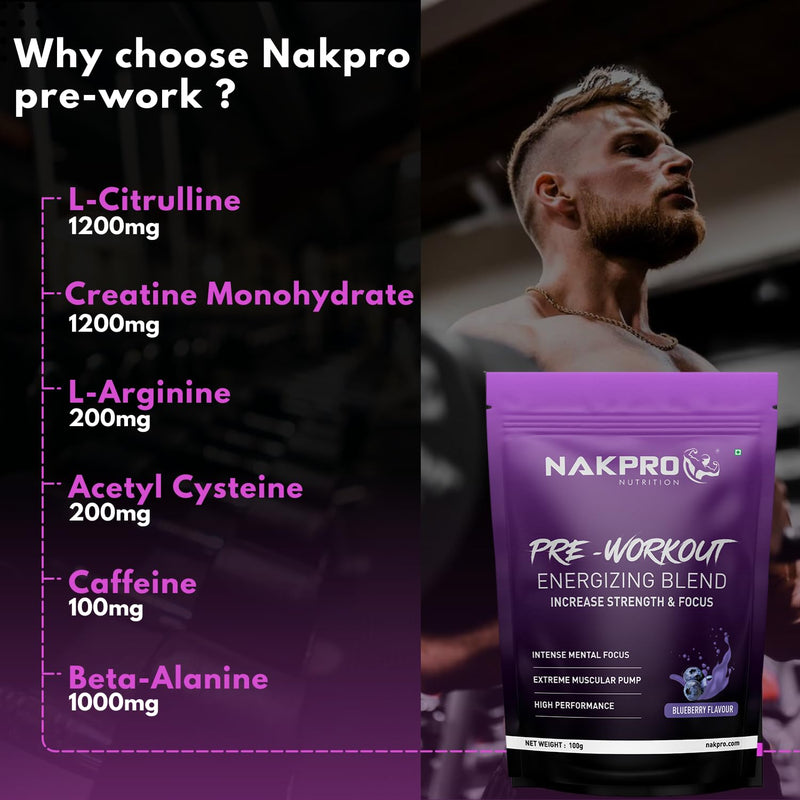 Nakpro Pre Workout Supplement (Blueberry, 100g Powder) with 100mg Caffeine, 1200mg Creatine Monohydrate and 1200mg Citrulline|Helps in Lean Muscle Building, Improves Workout Performance - 20 Servings