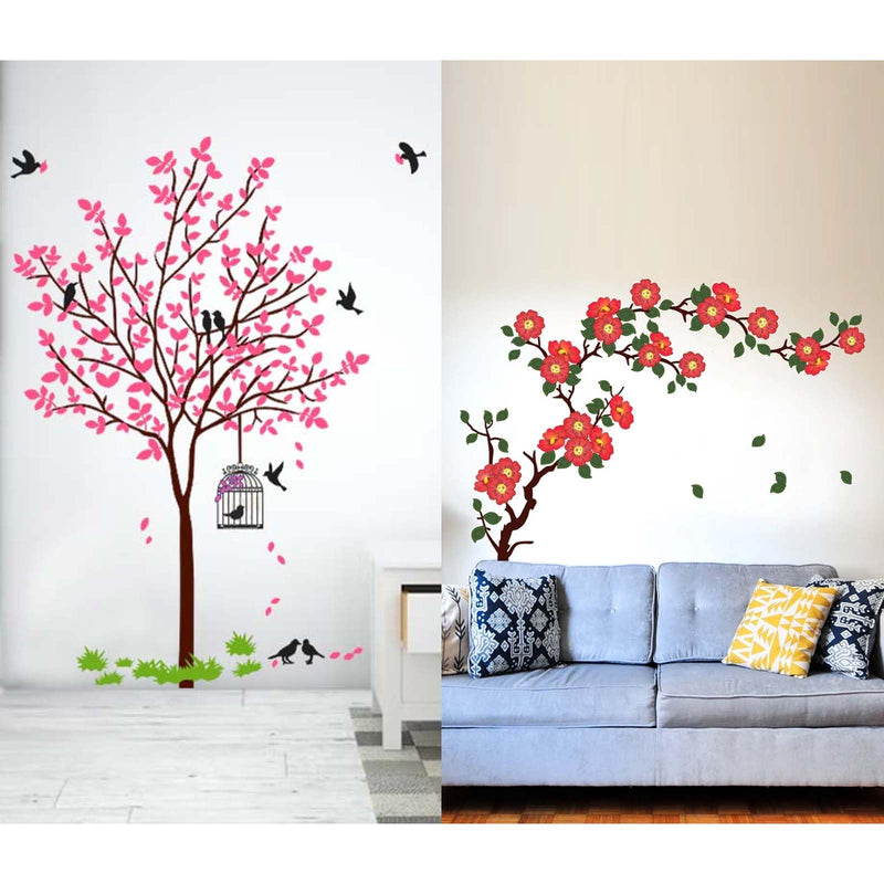 MERICAL Set of 2 Wall Stickers Pink Tree with Bird and Nest | Floral Branch Antique Flowers for Home, Hall, Bedroom, Livingroom & Kitchen