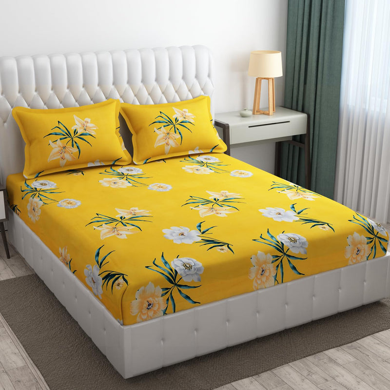 SHOMES 250 TC 100% Cotton Feel Flat Bedsheet for Double/King Size Bed | Floral Design Bed Spread with 2 Pillow Covers | Soft Breathable & Wrinkle Free Bedsheets/Bedcover (90 x 90 Inches | Yellow)