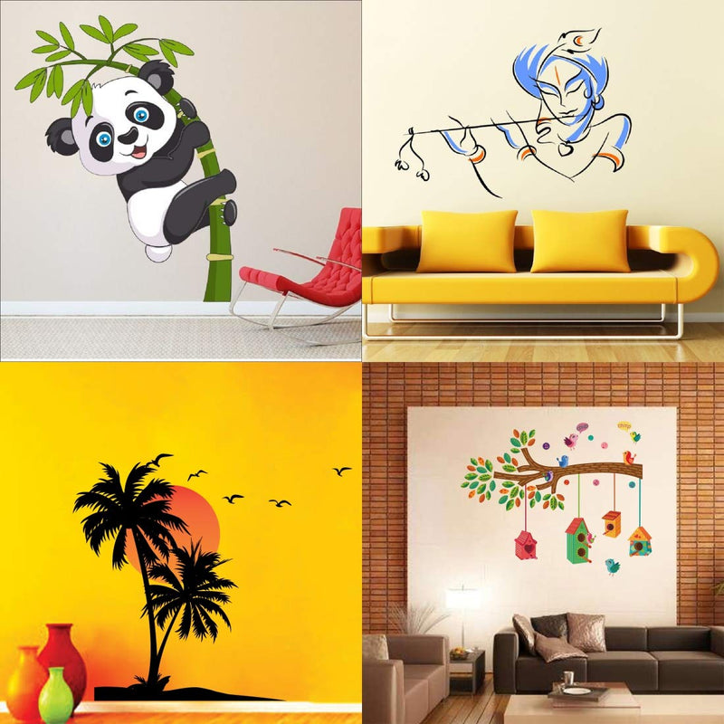 Walltech Combo of 4 Wall Sticker Baby Panda-(120 x 95 cms) | bansidhar-(65 x 90 cms) | Beach with Sunset-(55 x 60 cms) | Bird House on a Branch-(90 x 75 cms) - Material Vinyl