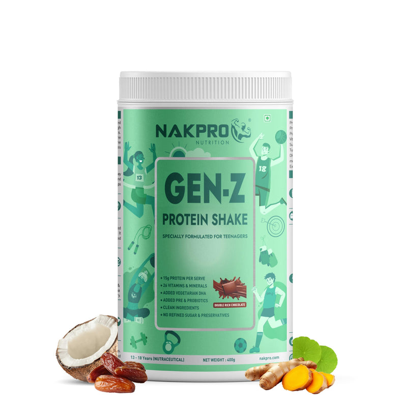 NAKPRO Gen-Z Protein Shake Specially Formulated for Teenagers | Protein Blend of WPC, WPI & Casein (400g, Double Rich Chocolate)