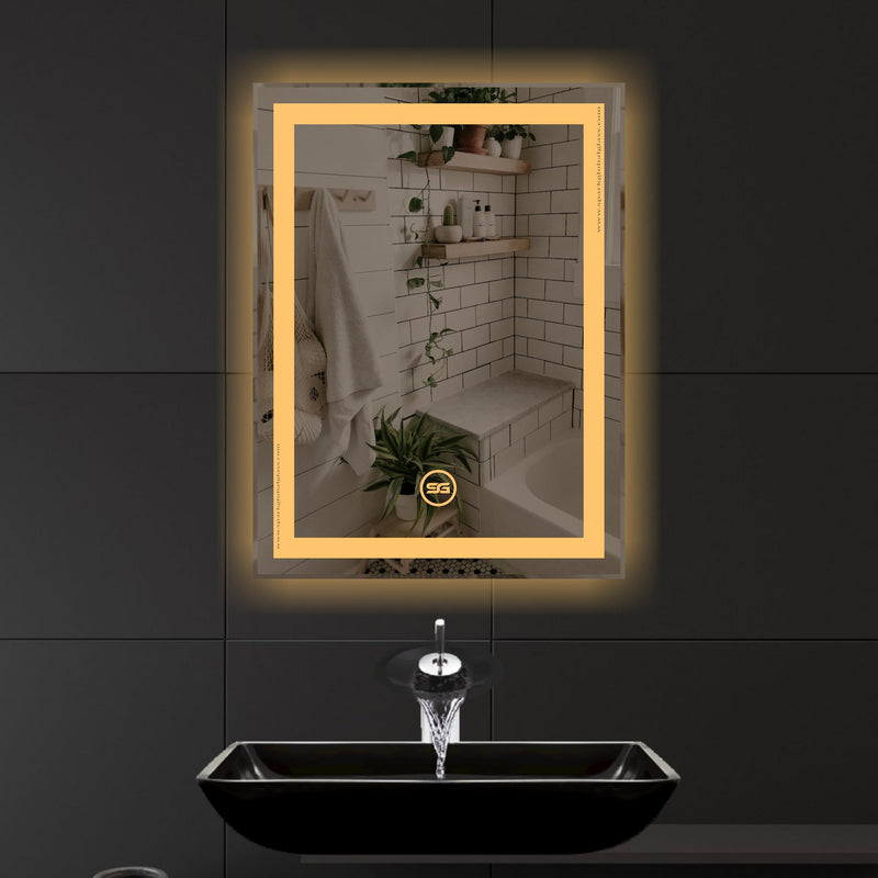 Spark Glass Rectangular LED Touch Sensor Mirror, Wall Mounted Mirror for Bathroom, Bedroom & Makeup Room (Dual Light with dimmer, Led Colour: White, Warm White, & Mix Light) (18x24 Inch)