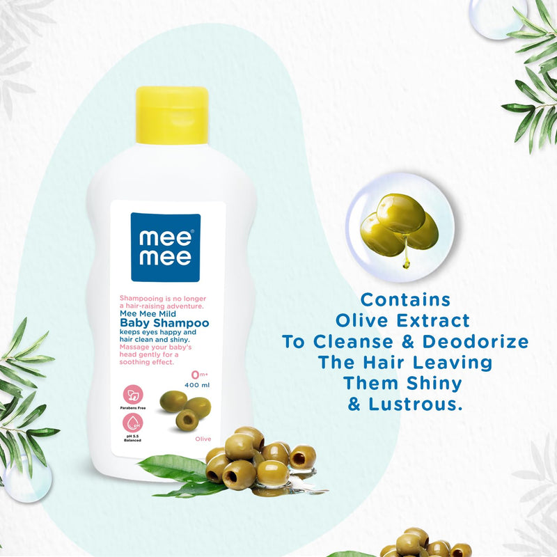 Mee Mee Mild Baby Shampoo 400 ml | Mild & Gentle| Tear-Free Formula, Enriched with Olive Extracts, Nurturing for Infant Hair - From Birth Onwards, Dermatologist-Approved