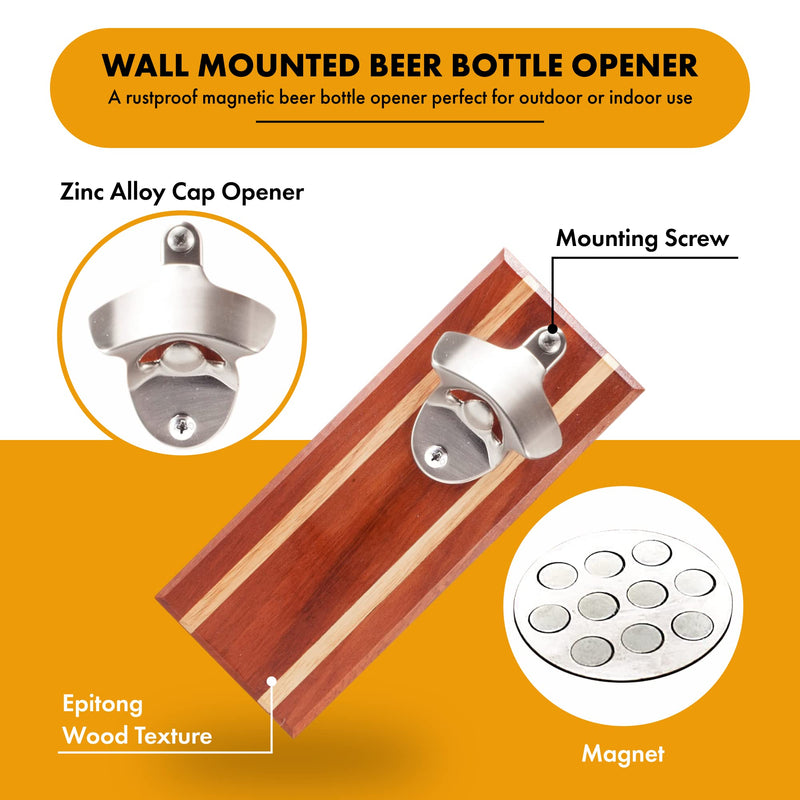 Bruntmor, CAPMAGS Strong Magnetic w/ Zinc Alloy Beer Opener & Cap Catcher - Epitong Wood Hand Painted