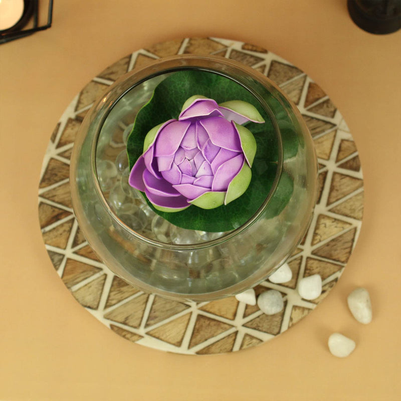 Tied Ribbons Glass Round Vessel with Faux Lotus and Natural Stones (12.49 cm x 12.49 cm x 12.49 cm), Multicolour