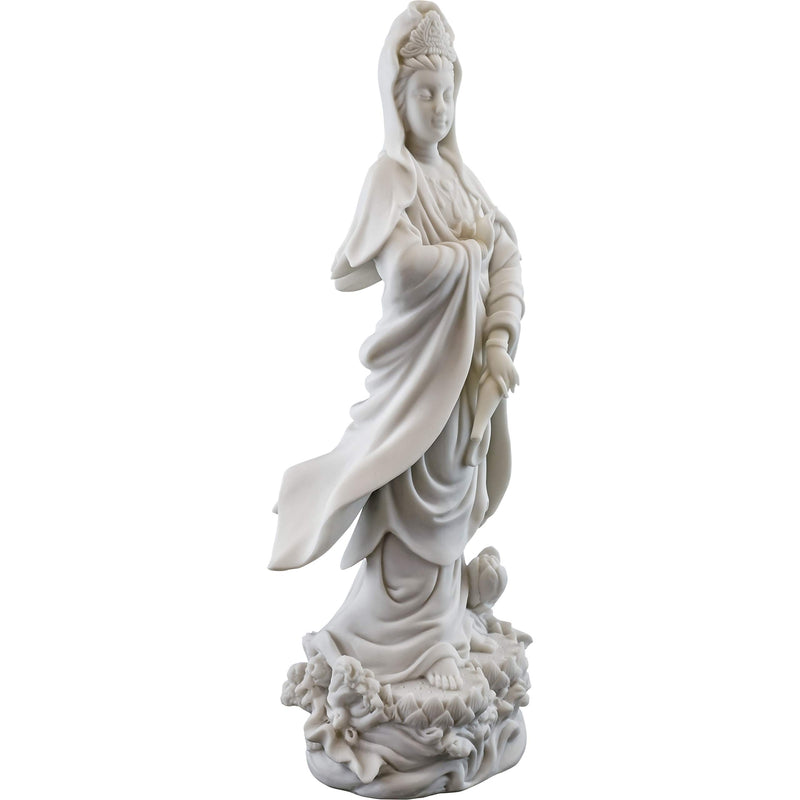 Top Collection Quan Yin Statue on Lotus Pedestal - Kwan Yin Goddess of Mercy and Compassion Sculpture in White Marble Finish- 12.5-Inch Buddhist Figurine