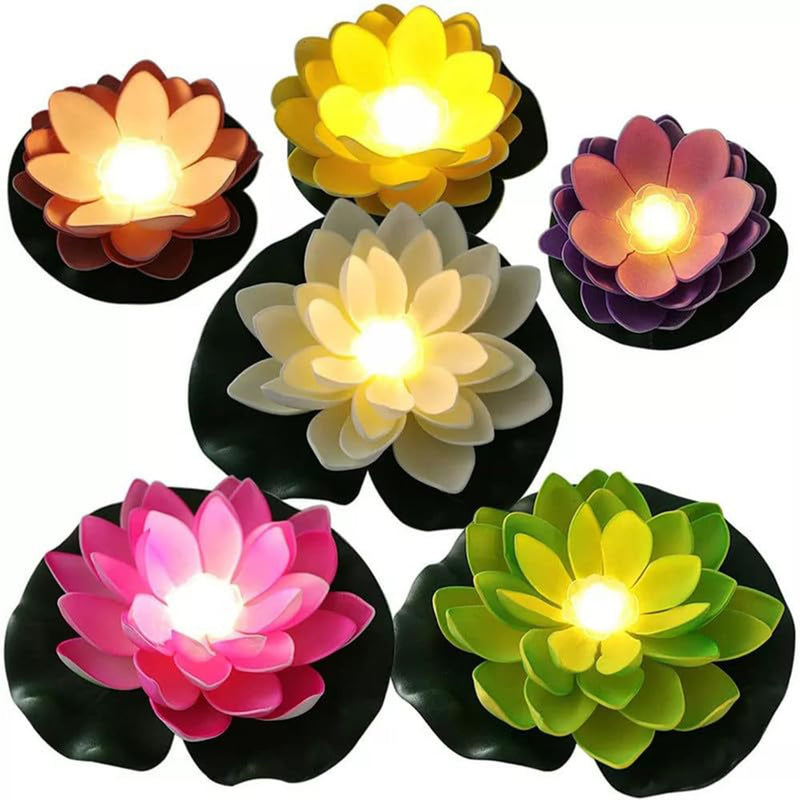 BIRMON Floating Candle Night Lighting Bath Wedding Lamp | Waterproof Lotus Romantic Beautiful Water Sensor Diya LED Candles for Home Decoration | Diwali Gift I Flower Water Light Diya (Pack of 6)