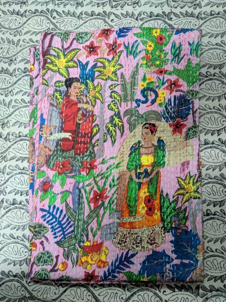 Fashion Hub Textile Work Creations Cotton Frida Kahlo Print Cotton Quilt Handmade Bed Cover/Blanket Bedspread/Bedsheet/Twin Kantha for Home Decor (Multicolour)