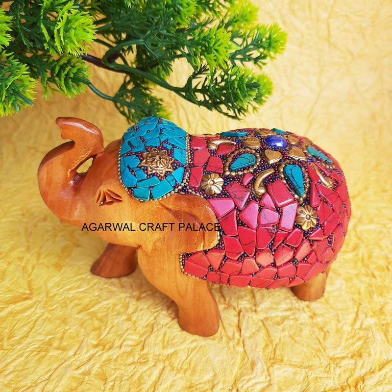 Agarwal Craft Palace Wooden Handmade Elephant Up Trunk Statue with Stone Studded Work, Gifts, Living Room Office Decoration, Wooden Elephant showpiece, Hathi showpiece, handicrafts (4x5 Inches)