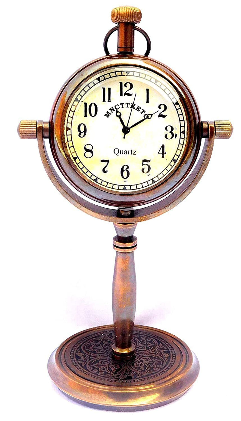 TARANO Brass Antique 7" Inch Stand Table Clock with Antique Finish