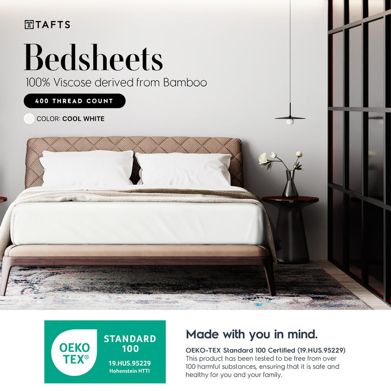 Tafts Bamboo Sheets Queen Size - 100% Pure Organic Viscose Bamboo Sheet Set - 400TC Bamboo Bed Sheets - 4 Pieces - 17” Deep Pocket - Silk Feel, Cooling, Anti-Static, Hypoallergenic (Cool White)