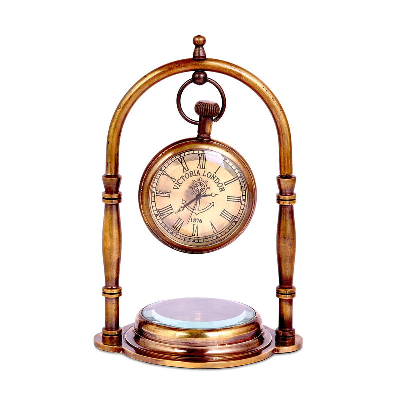 JD'Z COLLECTION Nautical Brass Desk Clock Maritime Brass Compass with Antique Victoria London Tabletop Decor Marine Desk Clock