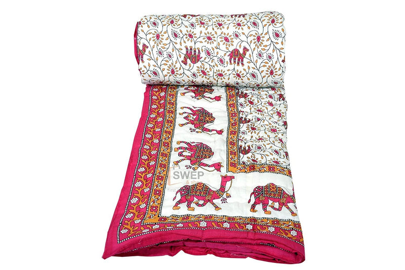 SIBLEY Traditional Famous Jaipuri Beautiful Floral Print Light Weight Cotton Quilt/Blanket/Razai for Single Bed- 55 x 85 inch - Pink Dansing Camel (Reversible, Both Sided)