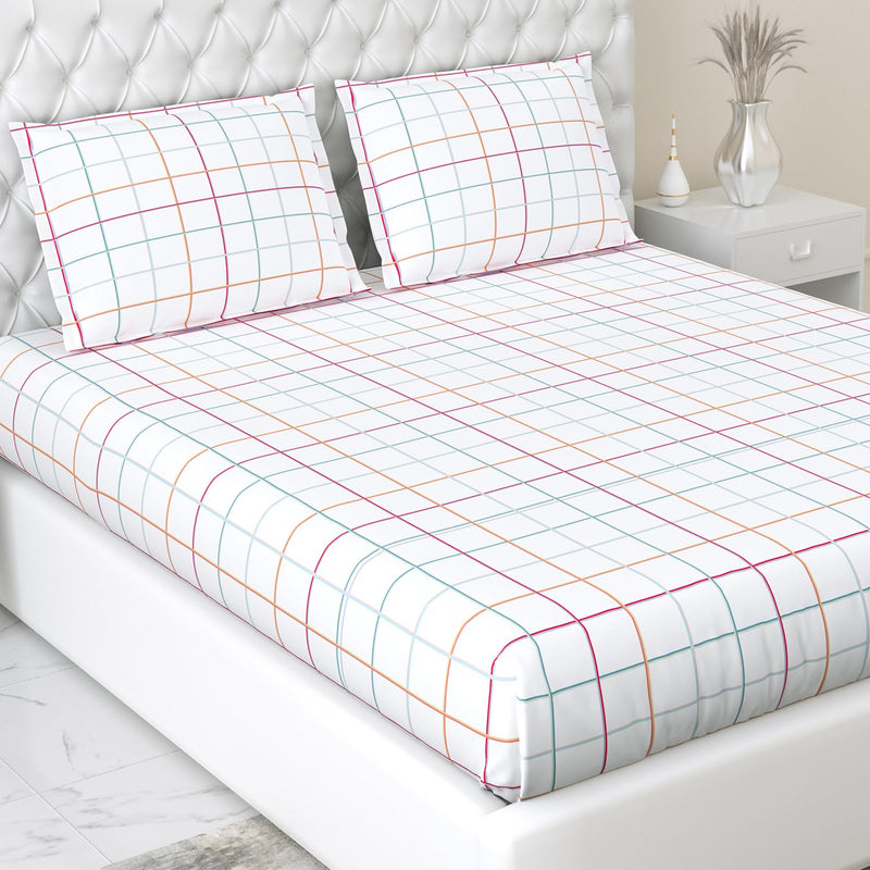 Haus & Kinder Bedsheet for Double Bed, Elastic Fitted King Size | 186 TC 1 Fitted Elastic Bed Sheet for King Size Bed and 2 Pillow Covers (72 X 78 Inches + 13 Inches Deep Pocket) | Rainbow Checks