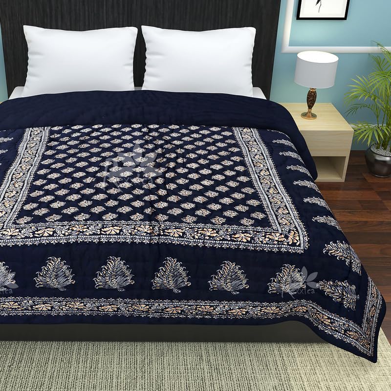 Rexxica Pure Cotton Jaipuri Razai Traditional Sanganeri Print Light Weight razai Duvets & Comforters Quilt/Blanket -(Single, Blue)