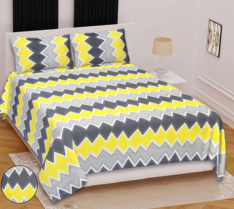 la' amour Premium Cotton Flat Bedsheets with 2 Pillow Covers | Double Bed with for Double Bed 180 TC Supersoft | for 228 x 228 Cm, Yellow & Grey