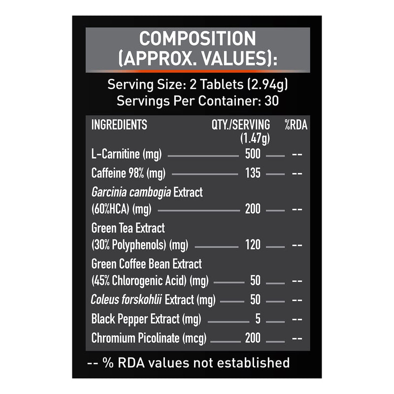 MuscleBlaze MB-Burner PRO, L- Carnitine, Garcinia Cambogia, Caffeine, Green Tea, Green Coffee Bean, Coleus Forskohlii, Black Pepper Extract with Chromium Picolinate, Tablets 60 Count