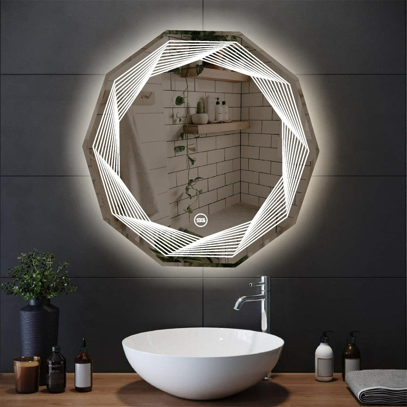 Spark Glass Round LED Sensor Mirror. (LedColour: White, Warm White, & Mix Light) - (Size:24x24 Inch)