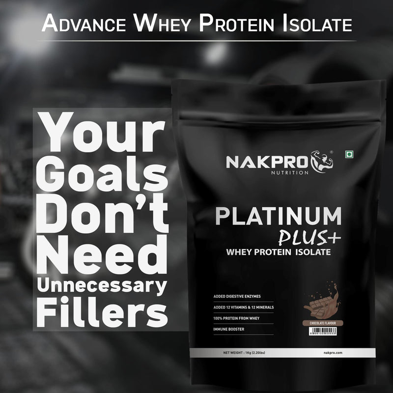 NAKPRO Platinum Plus+ Whey Protein Isolate with Digestive Enzymes | 28g Protein, 6.36g BCAA | Added Vitamins & Minerals (Chocolate, 1 Kg)