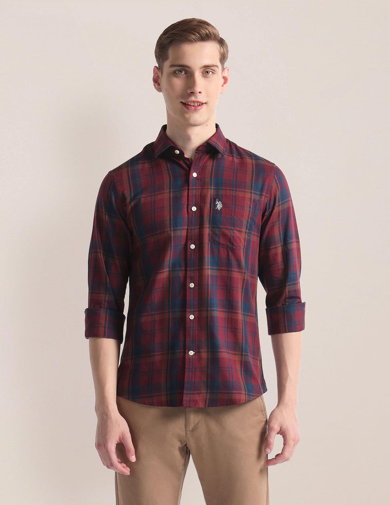 U.S. POLO ASSN. Men's Checkered Regular Fit Shirt (USSHT2004_Maroon