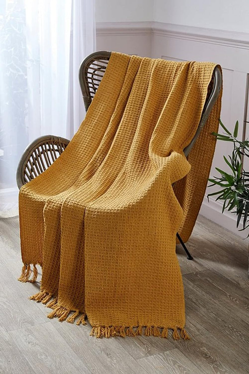 DOLCE CASA Soft Cotton Throw Blanket | Used Both Indoor and Outdoor | Blanket for Living Room, Sofa, Bed & Chair | 130x170 cm- Yellow.