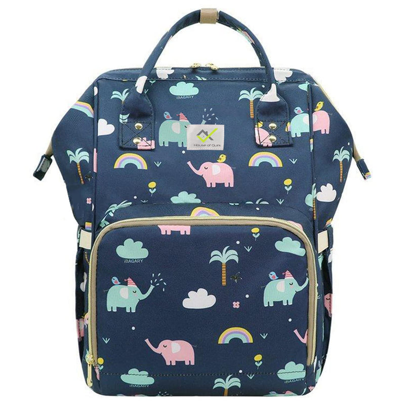 House of Quirk Baby Diaper Bag Blue Maternity Backpack (Dark Blue Elephant)