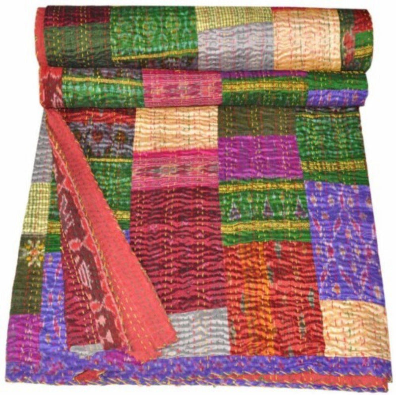 MTREON Patchwork Cotton Silk Kantha Quilt (Queen Size, 90x108 Inches, Multicolour)